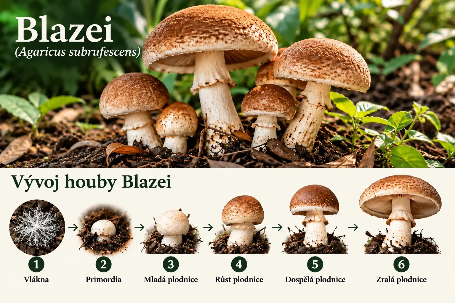 Blazei, Agaricus subrufescens – žampion brazilský v přírodě, primordia a vývoj plodnic