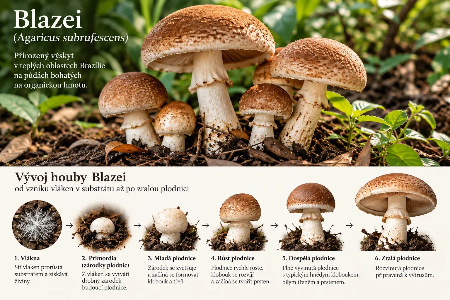 Blazei – žampion brazilský (Agaricus subrufescens), přirozený výskyt plodnic v přírodě