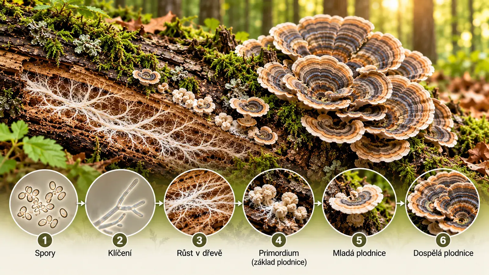 Vývoj outkovky pestré Trametes versicolor od spor přes růst v dřevě a primordium až po dospělou plodnici