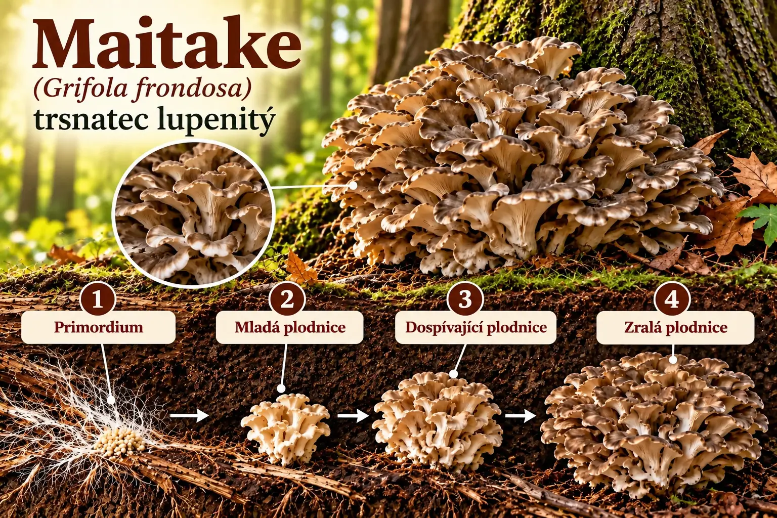 Maitake (Grifola frondosa), trsnatec lupenitý – přirozený výskyt a vývoj od primordia přes mladou a dospívající plodnici až po zralou plodnici