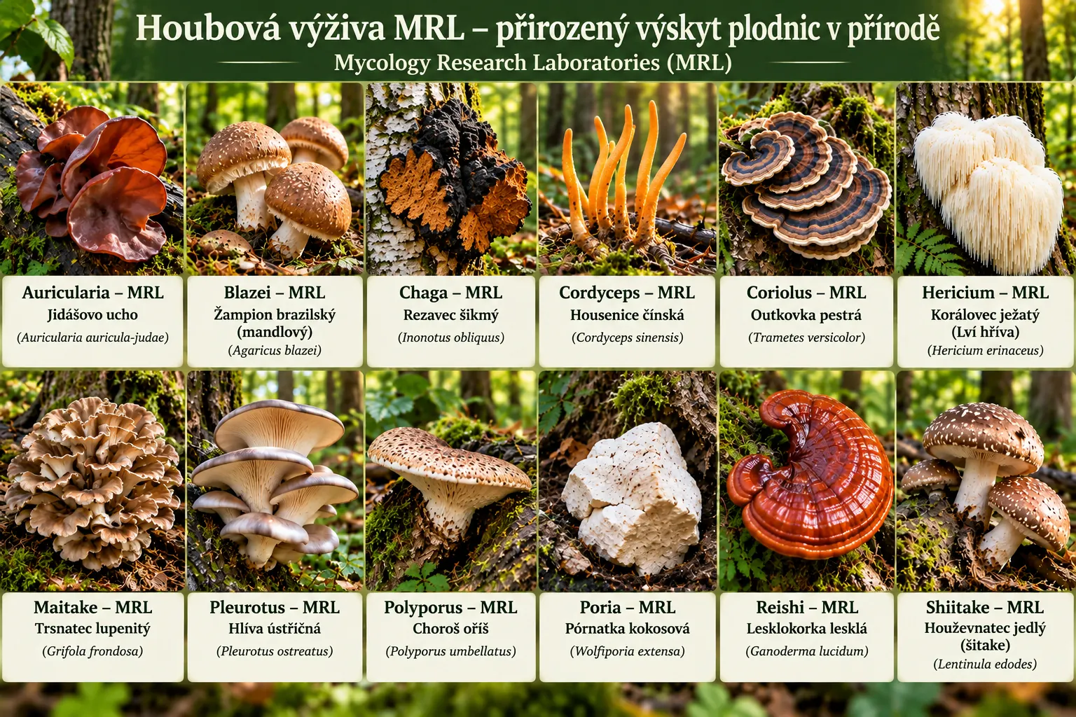 Houbová výživa MRL – přirozený výskyt plodnic 12 druhů hub: Auricularia, Blazei, Chaga, Cordyceps, Coriolus, Hericium, Maitake, Pleurotus, Polyporus, Poria, Reishi a Shiitake