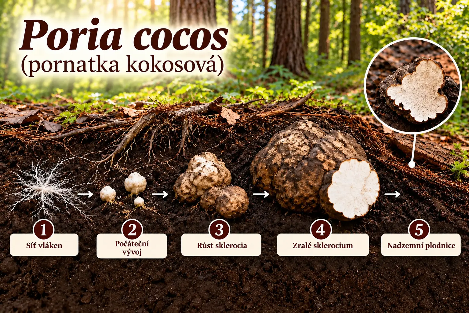 Poria cocos – pornatka kokosová, přirozený výskyt a vývoj od sítě vláken přes sklerocia až po plodnici